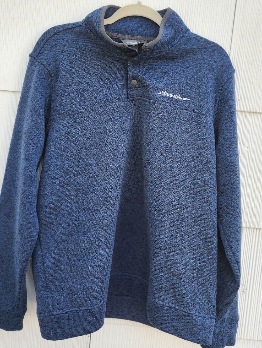 Eddie Bauer Men's L Blue Pullover Sweatshirt Mock Neck Button Fleece Logo